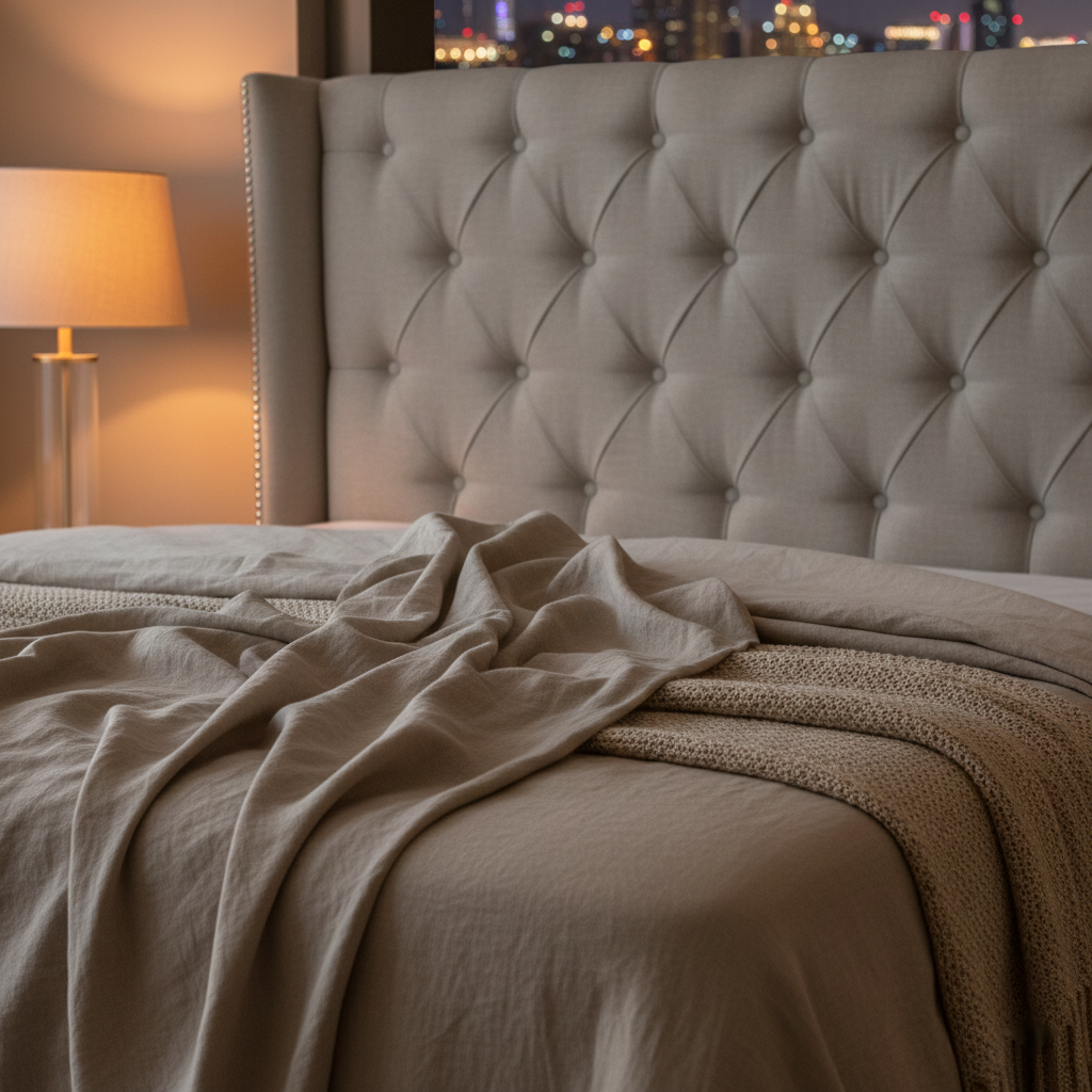 Luxury bedding and natural fabrics used in a Dubai bedroom to improve sleep quality