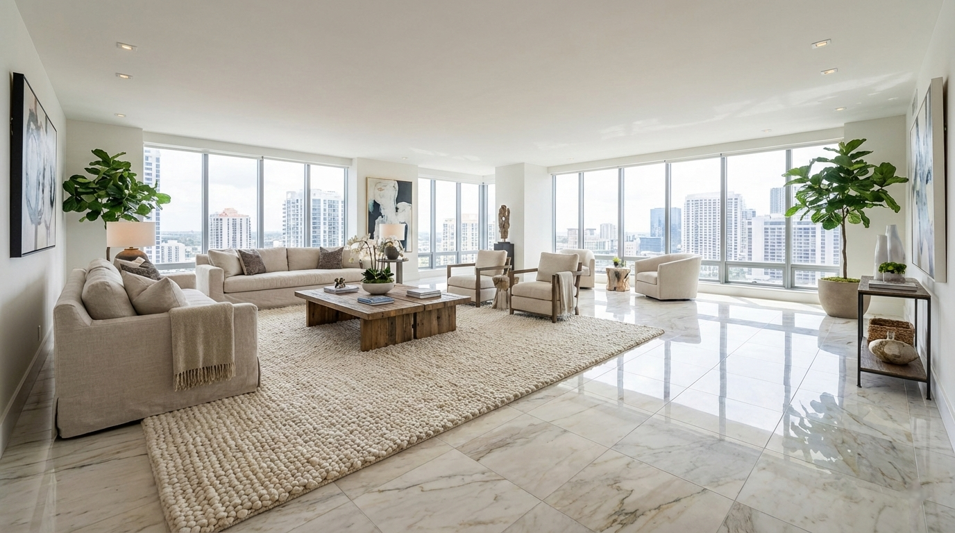 Modern Dubai living room featuring large-format marble flooring and a luxury area rug