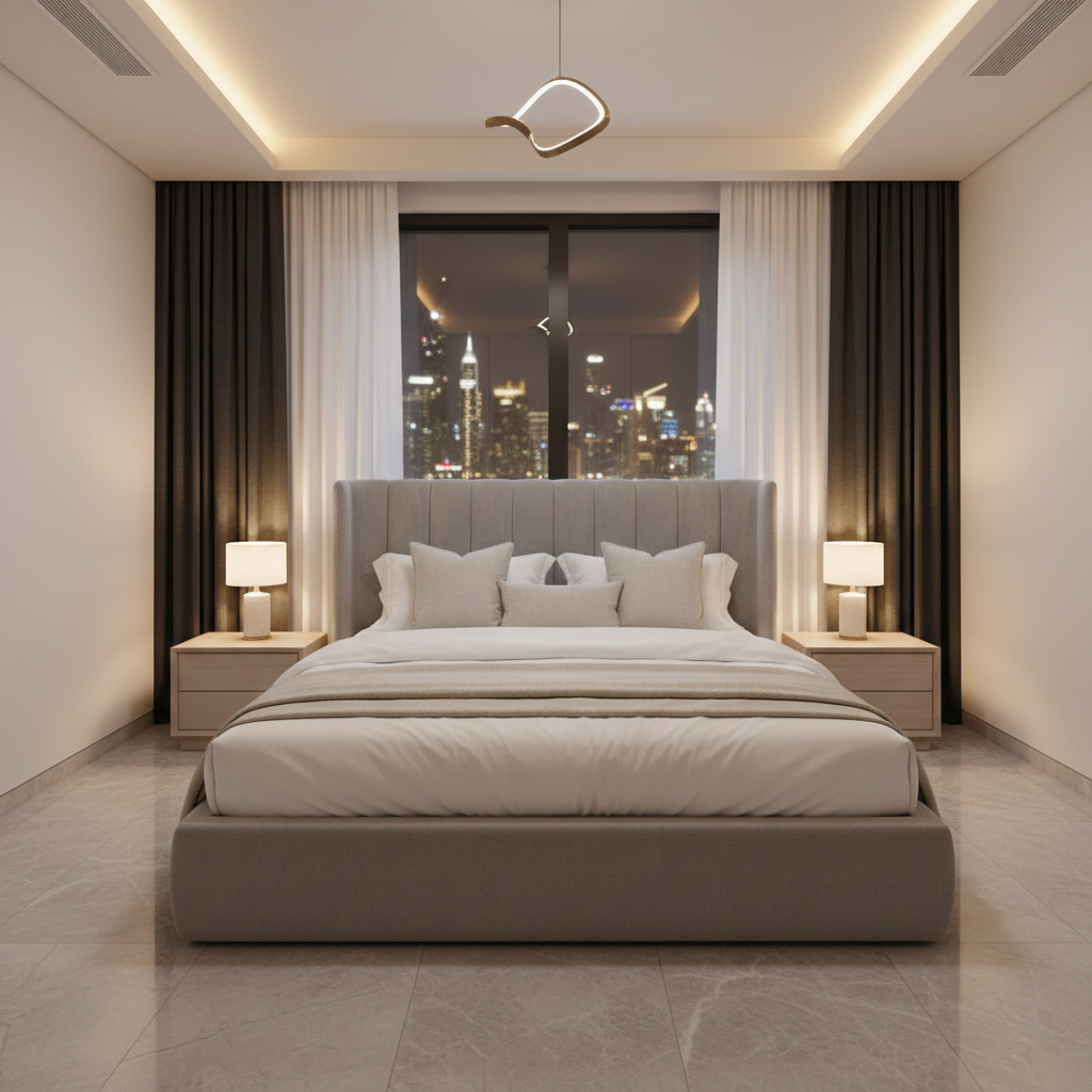 Symmetrical bedroom layout in a Dubai apartment designed for optimal sleep flow